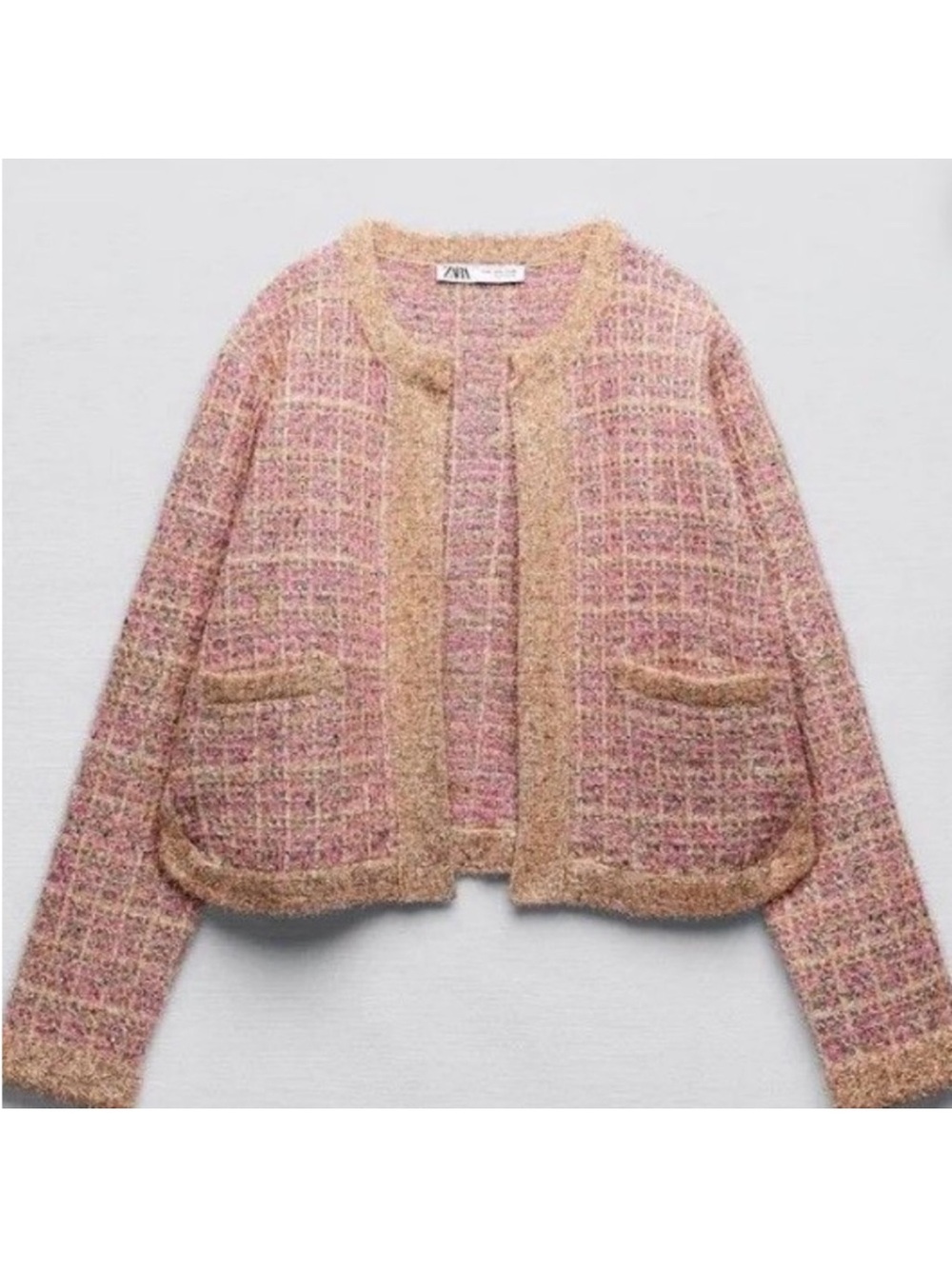 Zara NWT metallic thread cardigan pink gold knit sweater